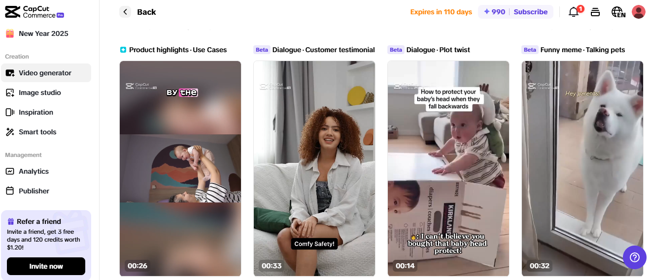 CapCut Commerce Pro interface with templates for UGC creators, ideal for TikTok monetization and product engagement.